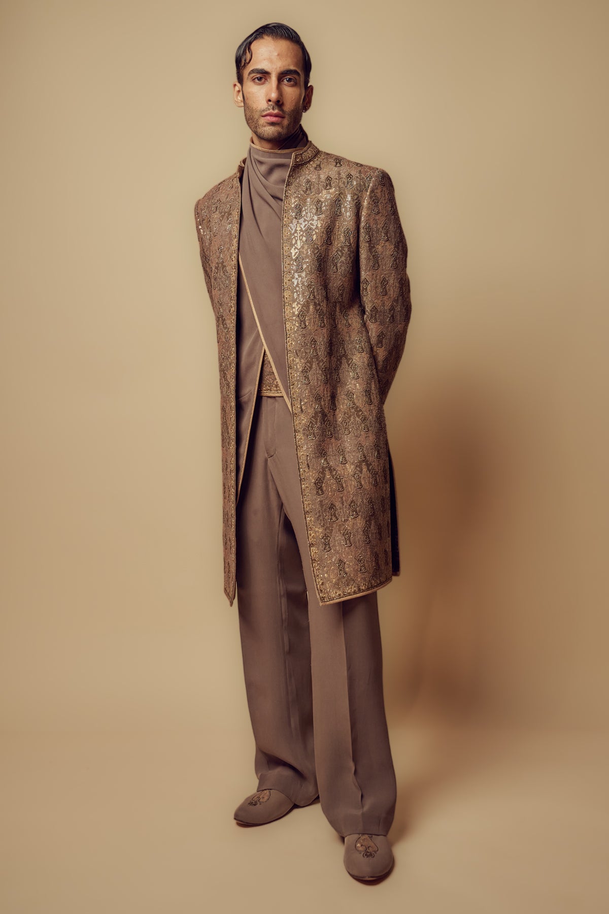 Art Deco Sherwani Set In Gun Metal
