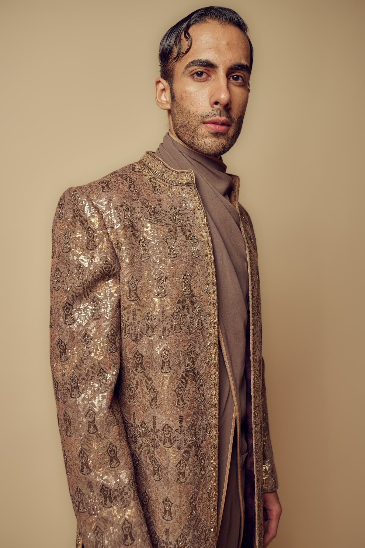 Art Deco Sherwani Set In Gun Metal