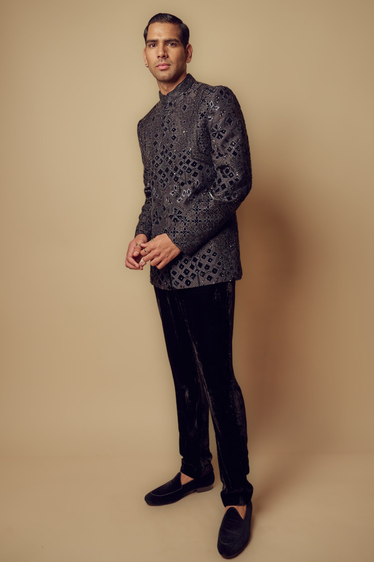 Velvet Badhgala Set In Black