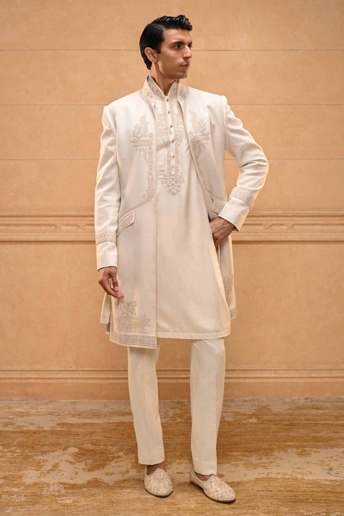 Temple Motif Open Sherwani Set