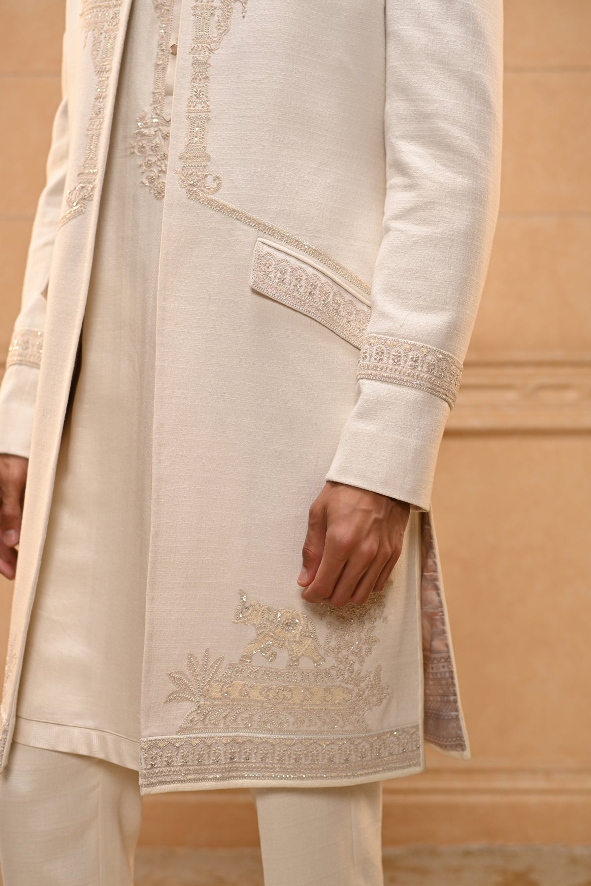 Temple Motif Open Sherwani Set
