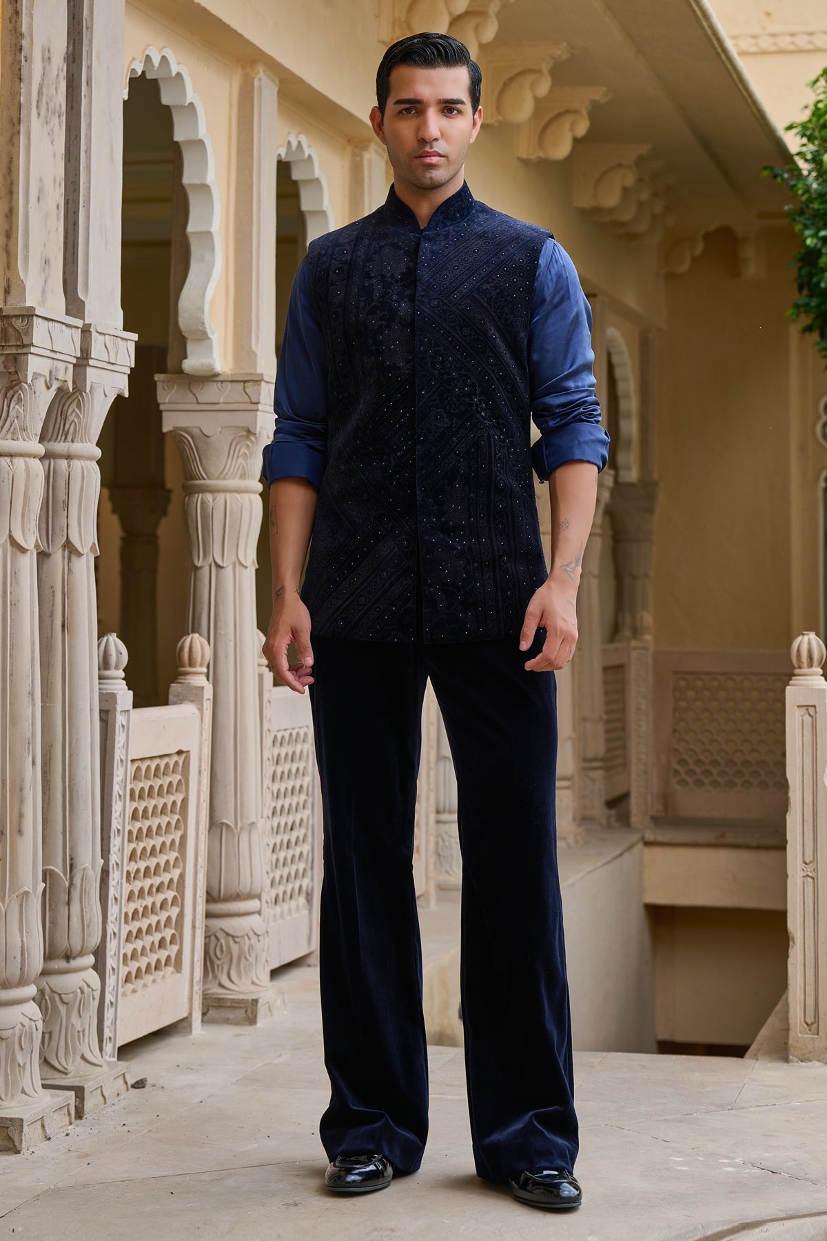 Golden Light Etched Waistcoat Set with Velvet Trousers