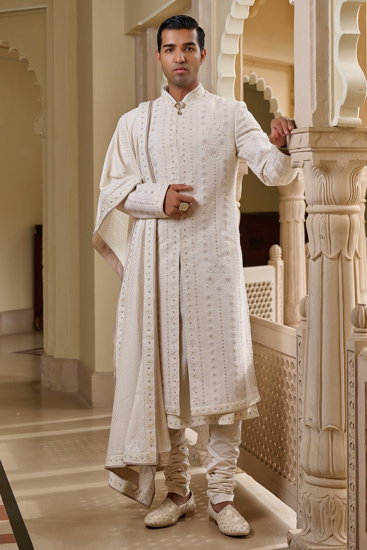 Golden Light Tonal Chikankari Sherwani Set