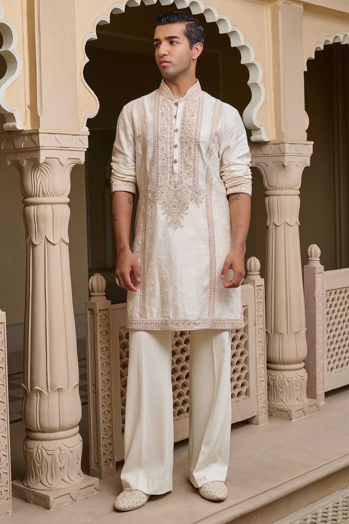 Ivory Textured Kurta Set with Pearl Detailing