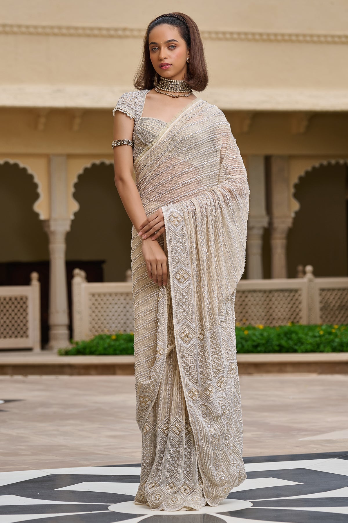 Pearl and Thread Embroidered Saree