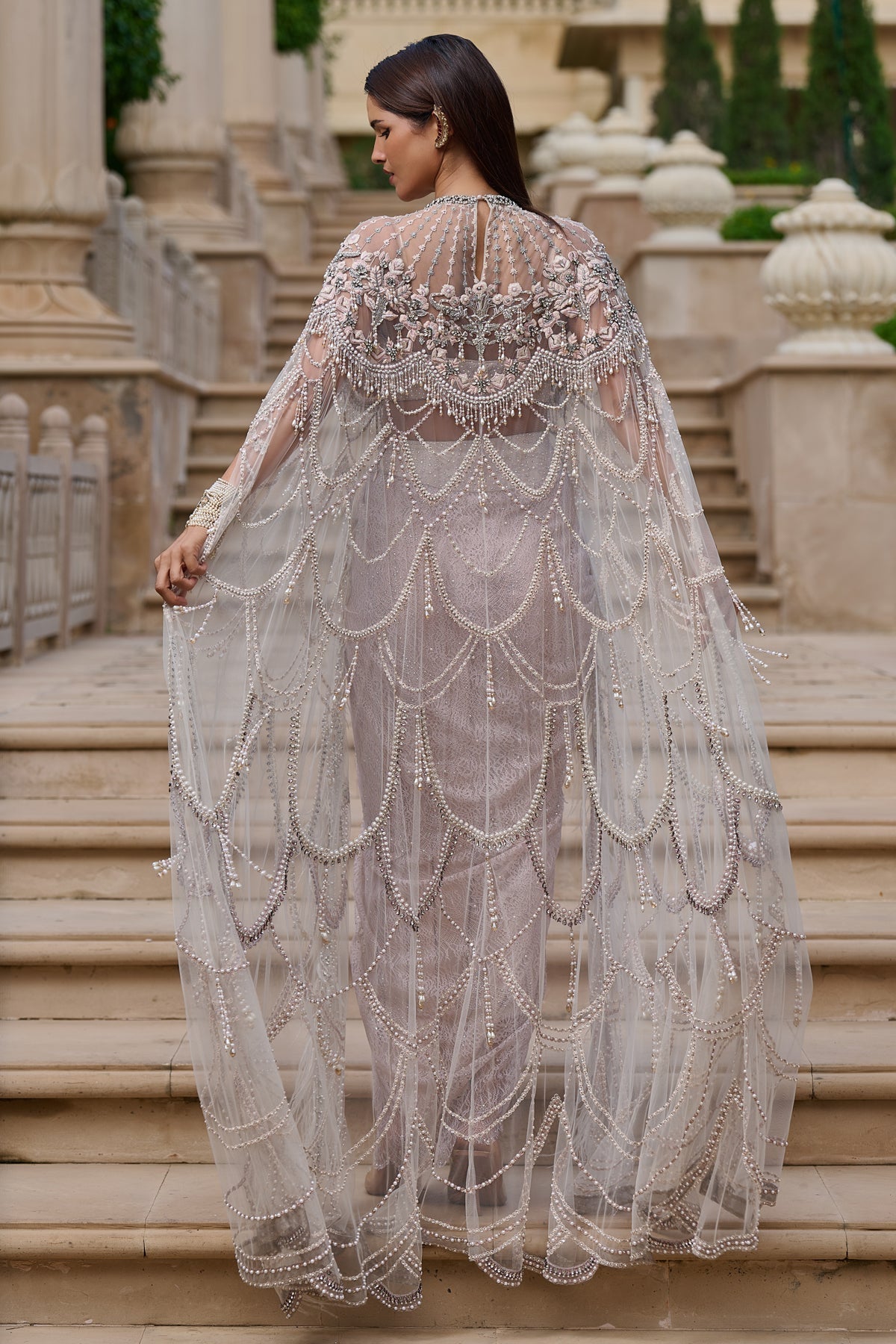 Crystal, Pearl & Feather Cape Set