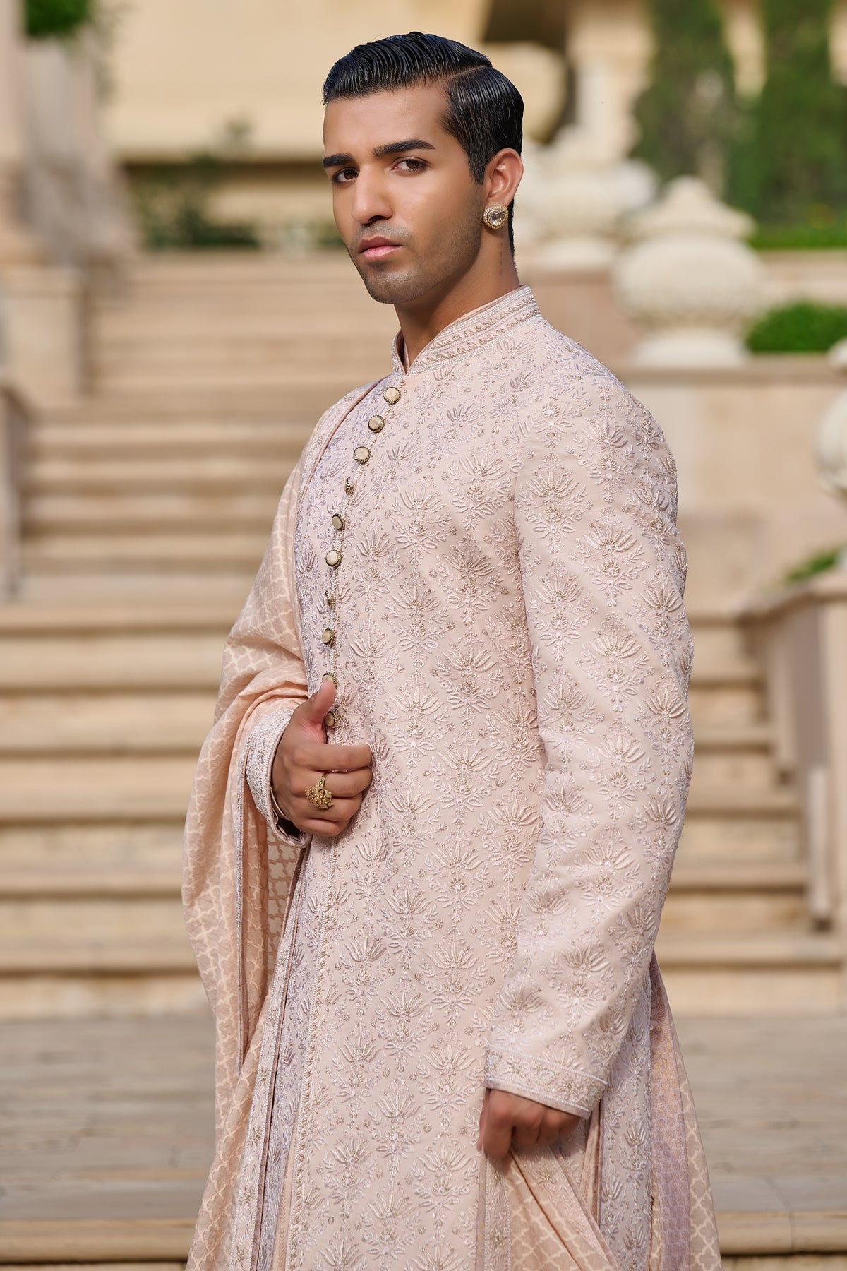 Golden Light Chikankari Sherwani Set with Dhoti
