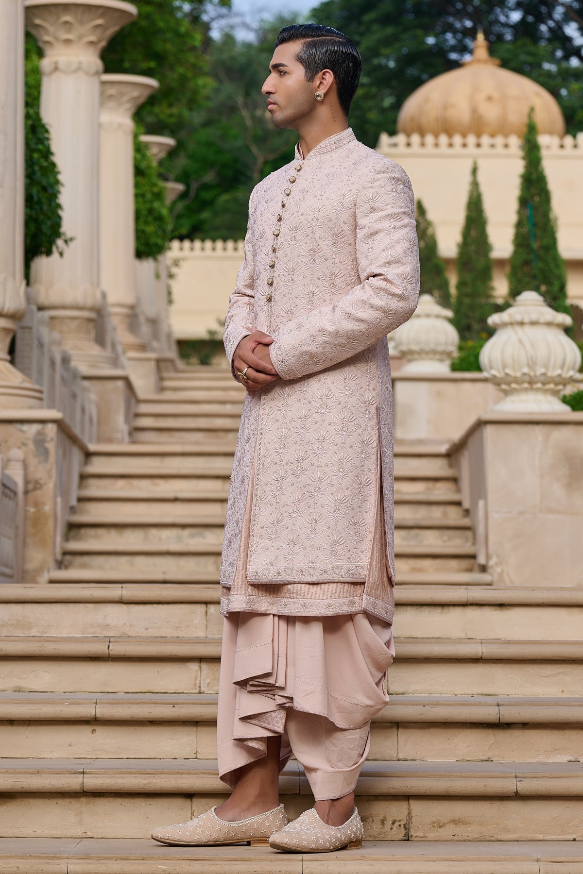 Golden Light Chikankari Sherwani Set with Dhoti