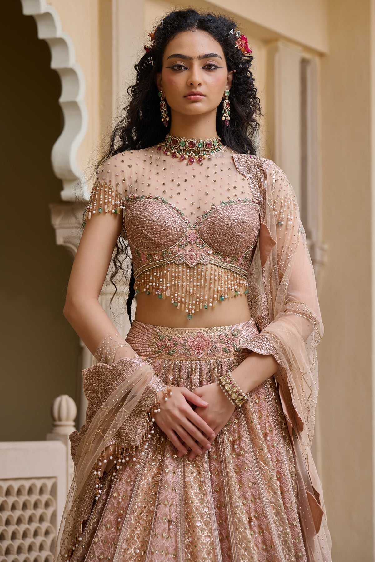 Mughal Embroidered Lehenga with Drape