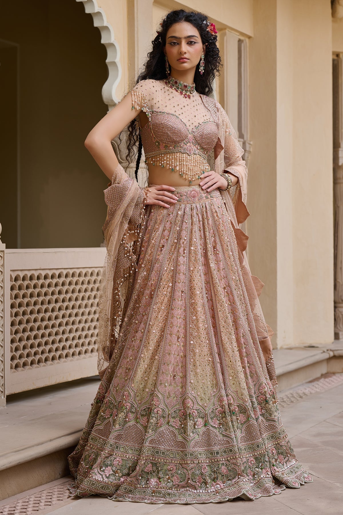 Mughal Embroidered Lehenga with Drape