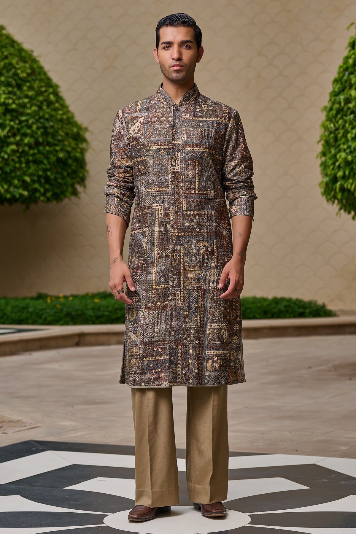 Golden Light Printed Front-Open Kurta Set