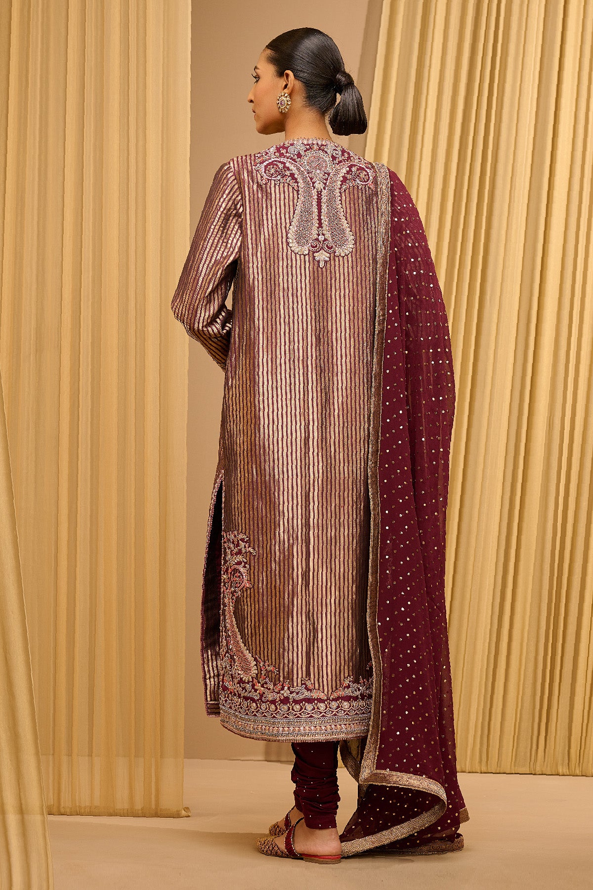 Hand Embroidered Brocade Kurta With Dupatta & Churidar