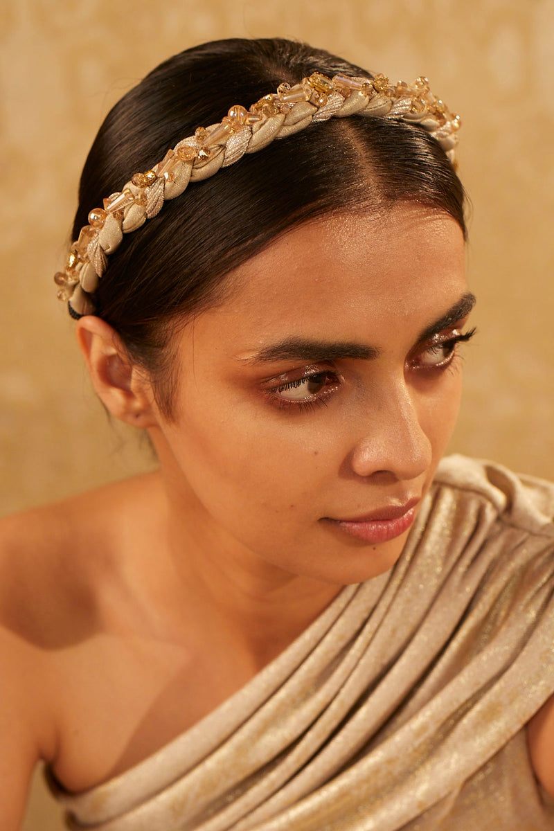 Braided headband with beads and crystals