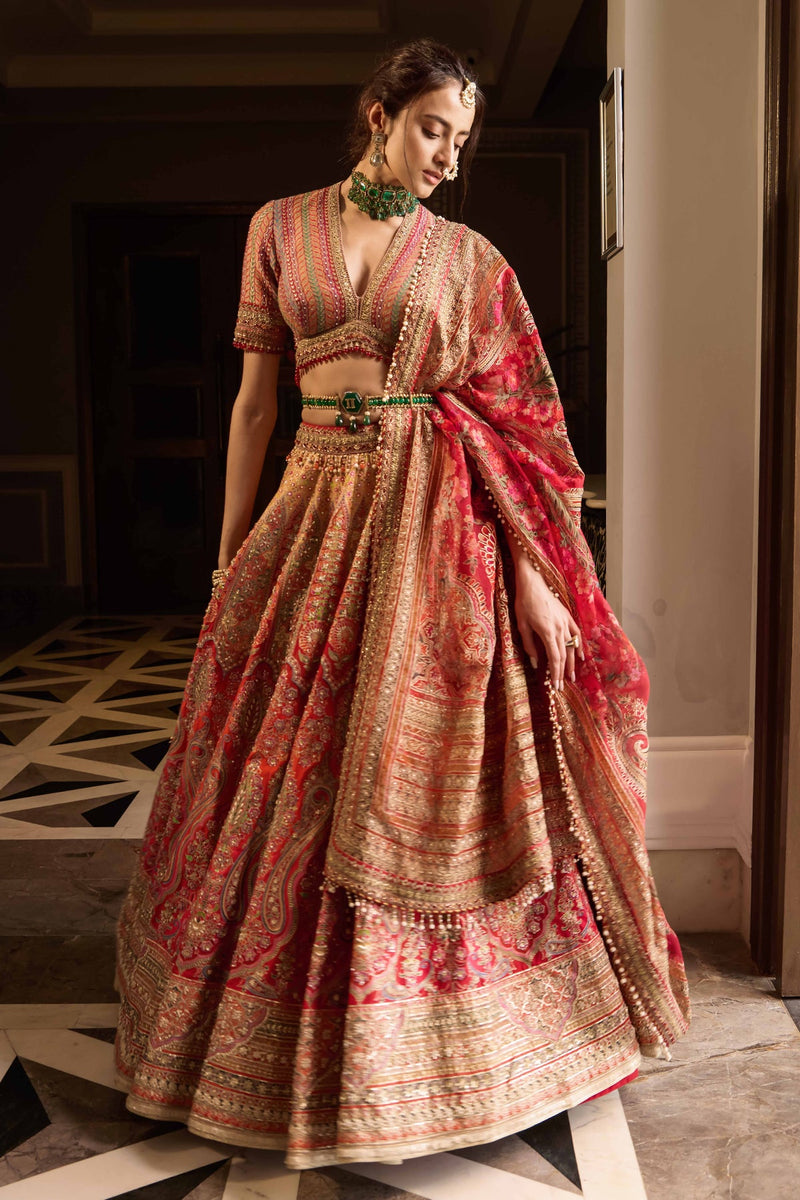 Embroidered lehenga, blouse, and dupatta