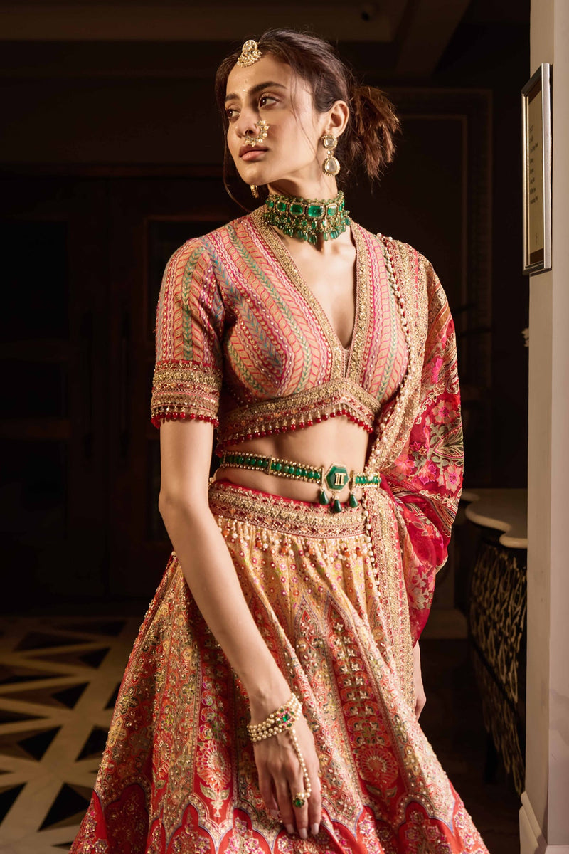 Embroidered lehenga, blouse, and dupatta