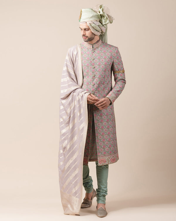 Printed Sherwani With French Knot Work