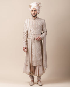 Sherwani In Raw Silk With Tissue Applique