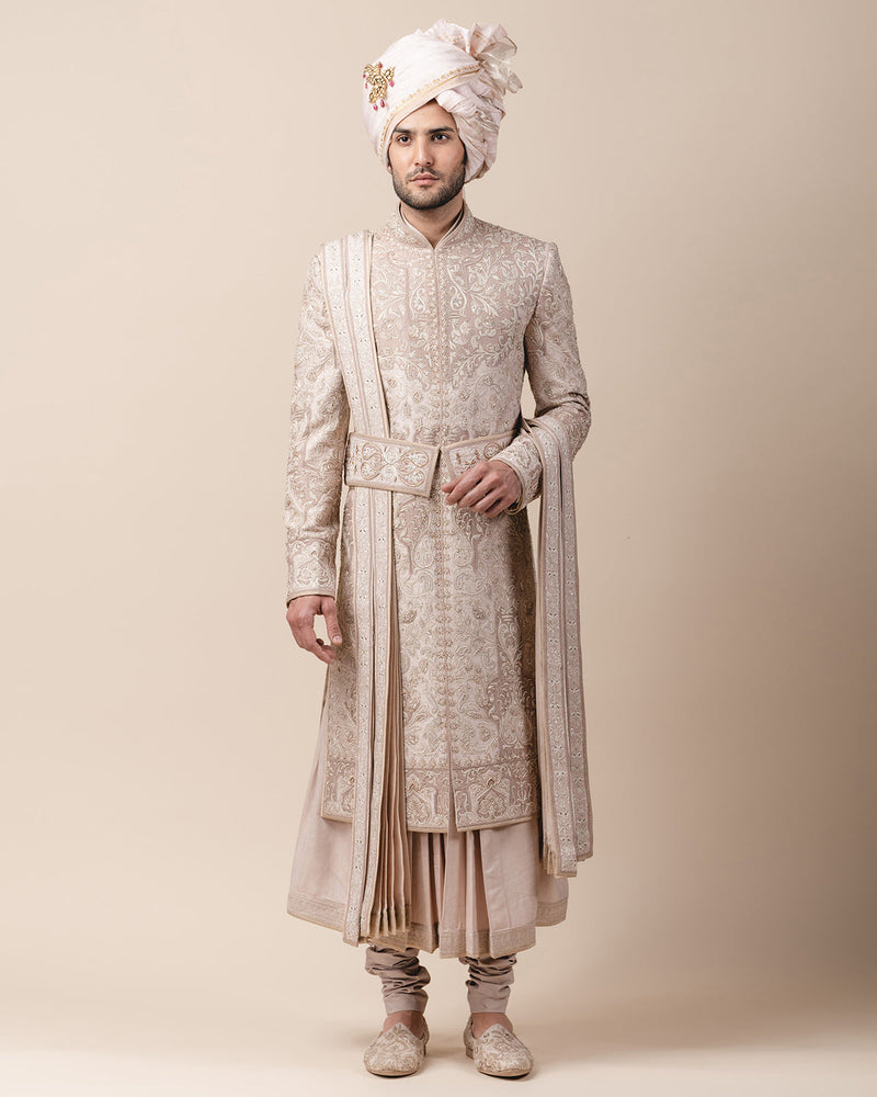 Sherwani In Raw Silk With Tissue Applique