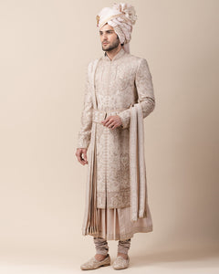 Sherwani In Raw Silk With Tissue Applique