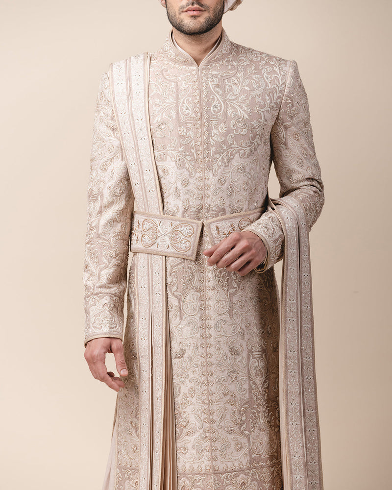 Sherwani In Raw Silk With Tissue Applique