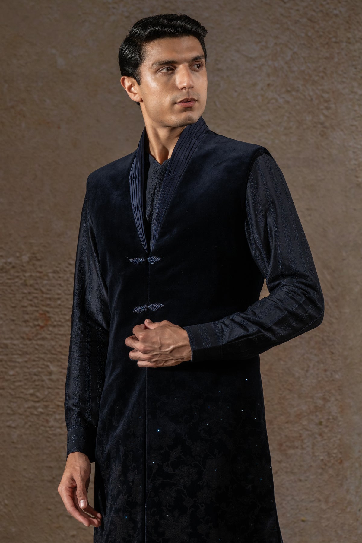 Floral Etched Sleeveless Sherwani Set