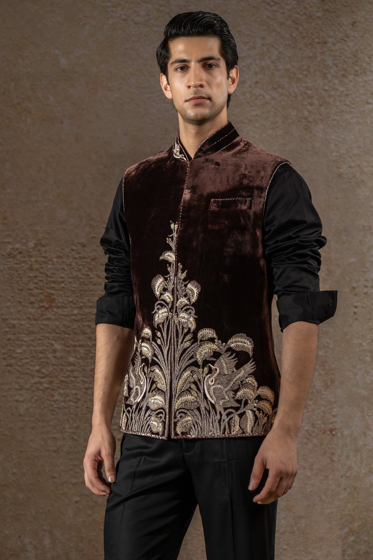 Hand- Embroidered Velvet Waistcoat Set
