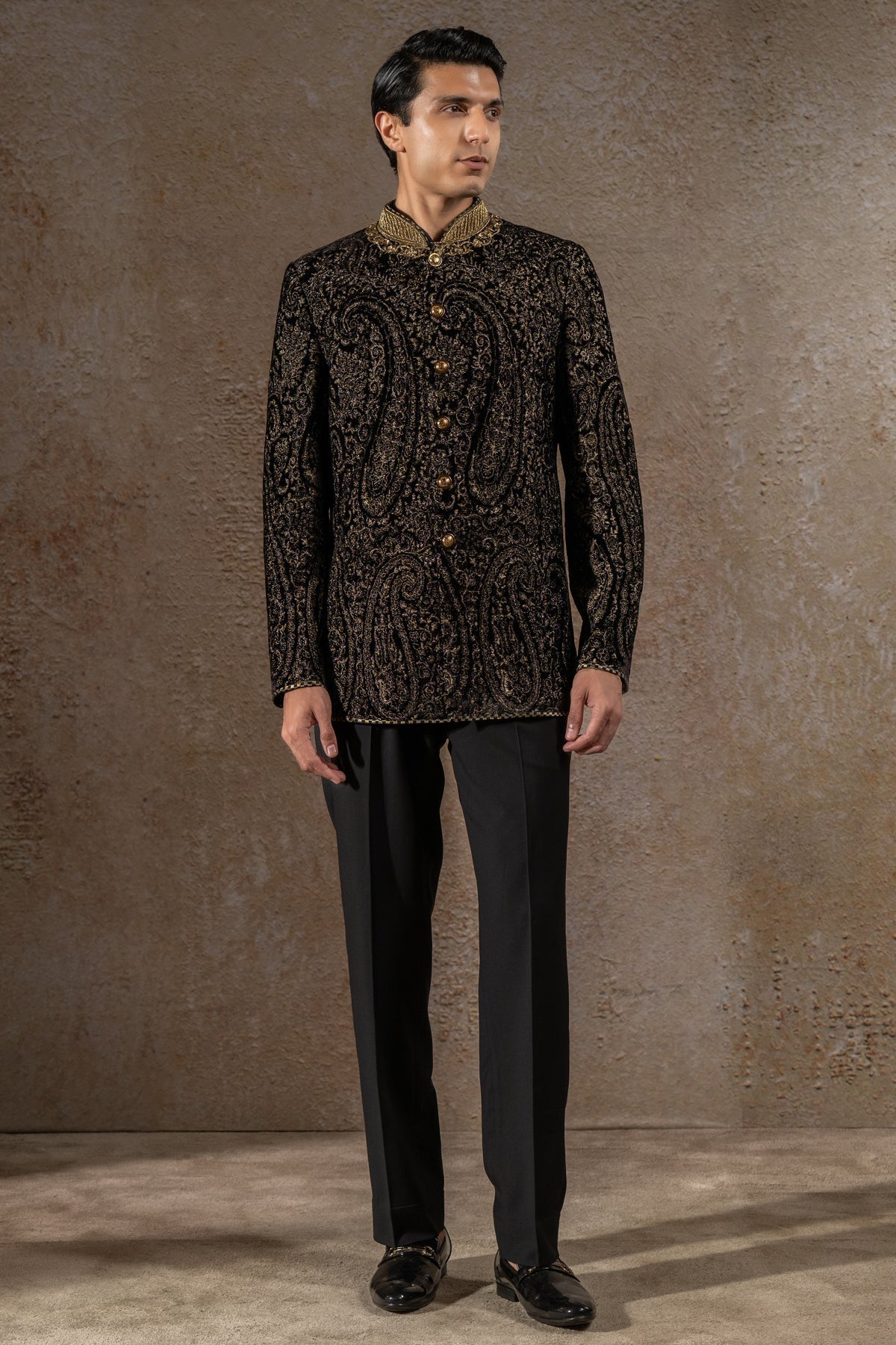 Paisley Embroidered Velvet Bandhgala Set