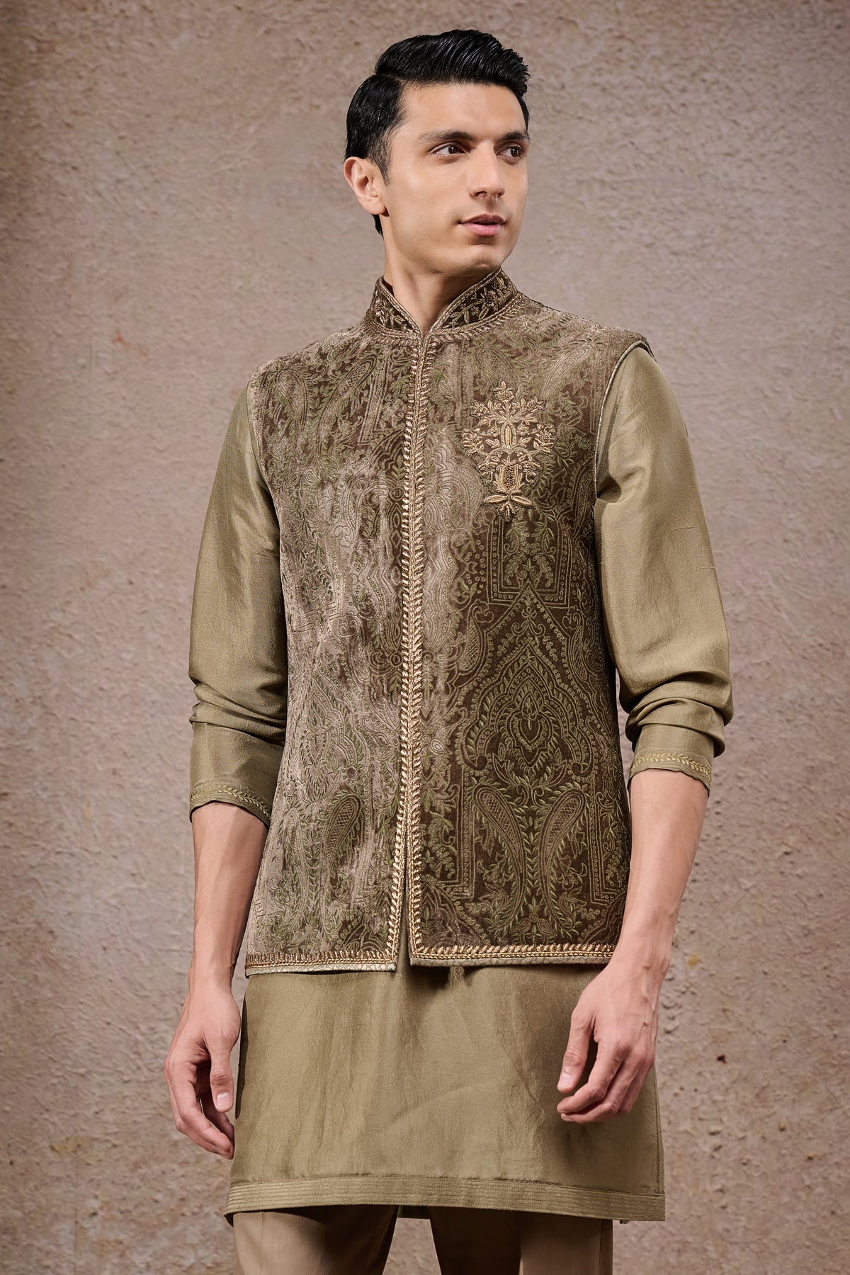Golden Light Tonal Zardozi Brooch Waistcoat Set