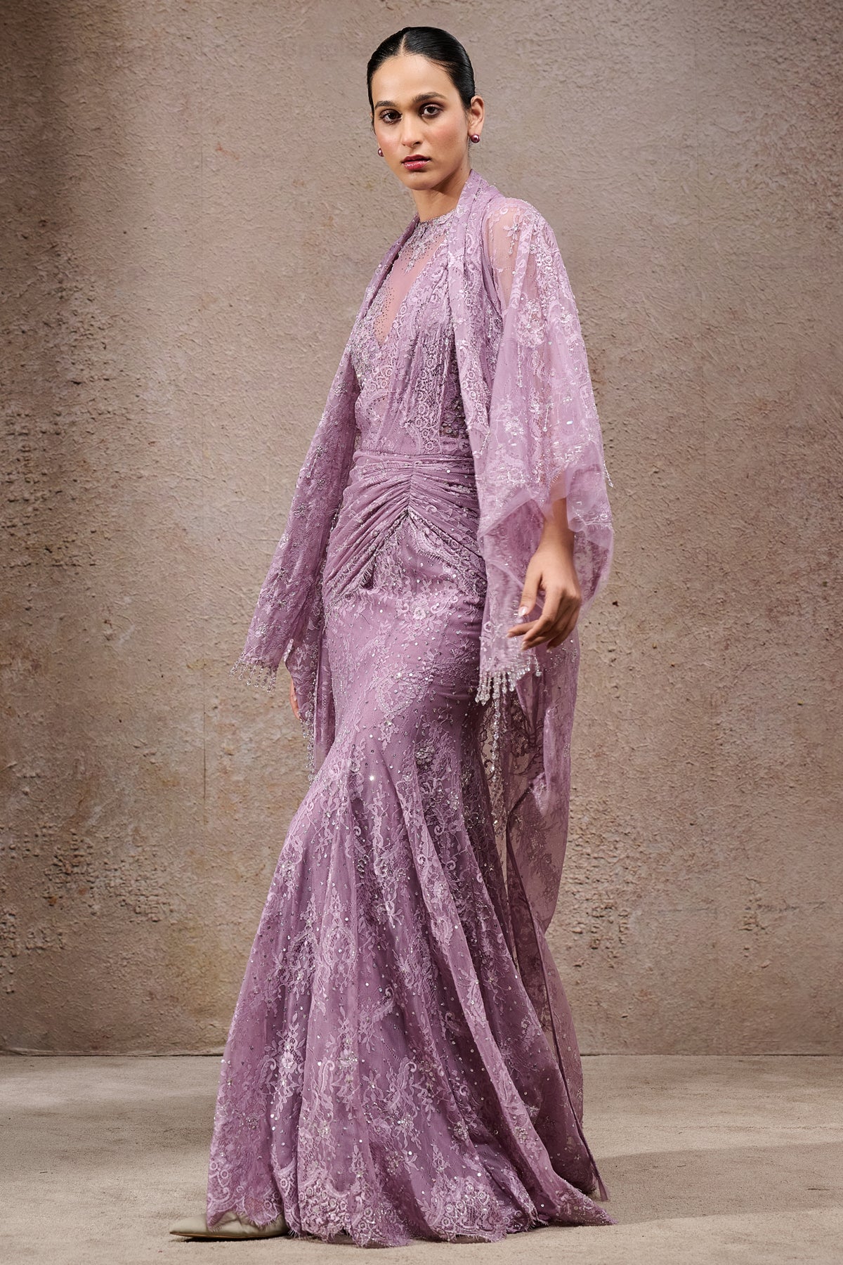 Golden Light Lace Concept Saree With Cape