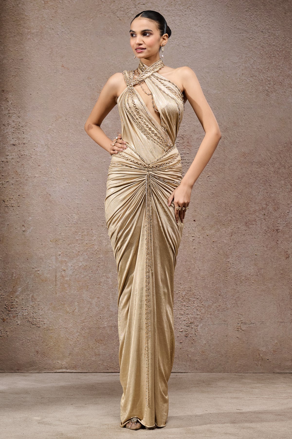 Gold Chain Draped Bodysuit & Skirt