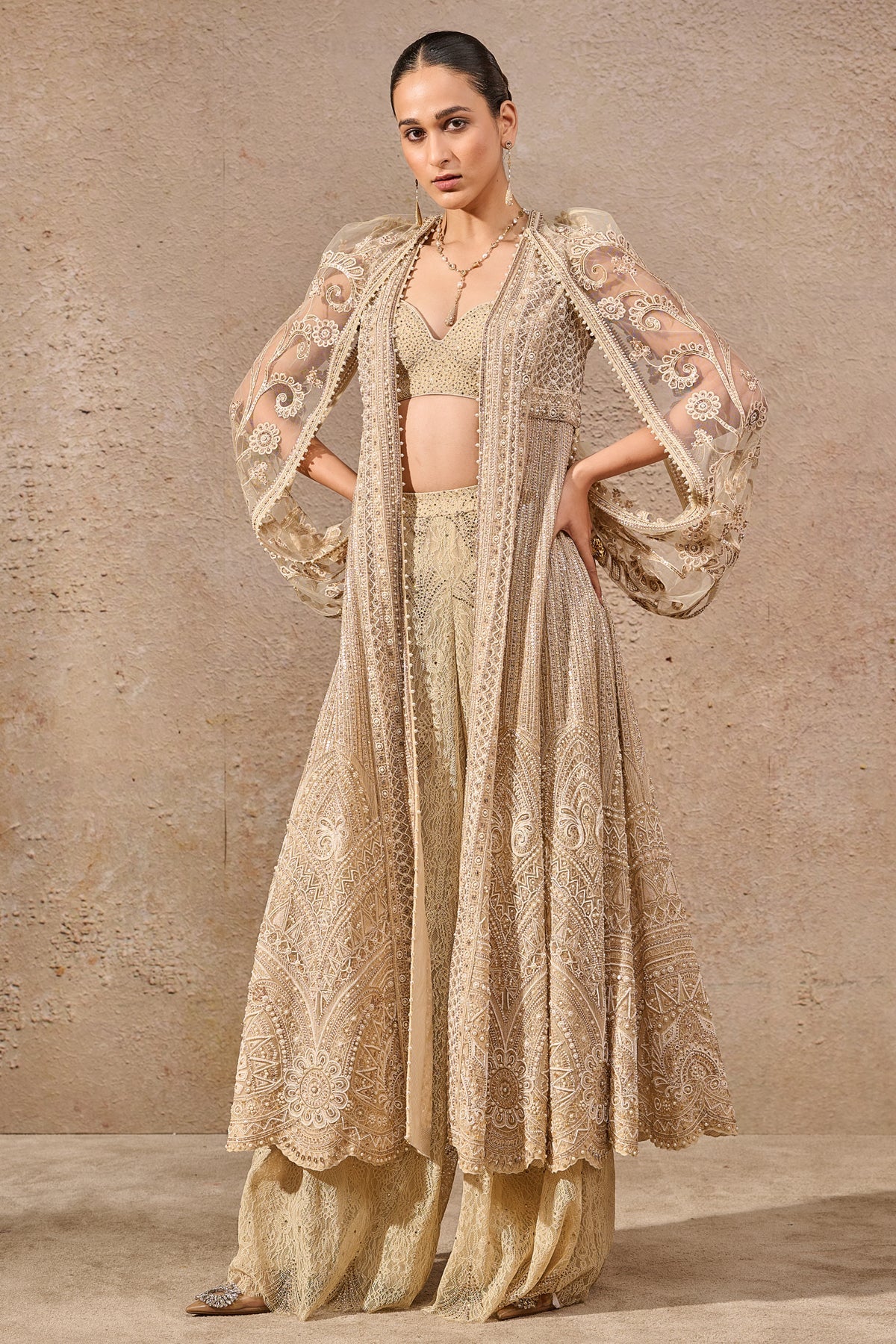Resham Embroidered Jacket And Lace Pants Co Ord Set