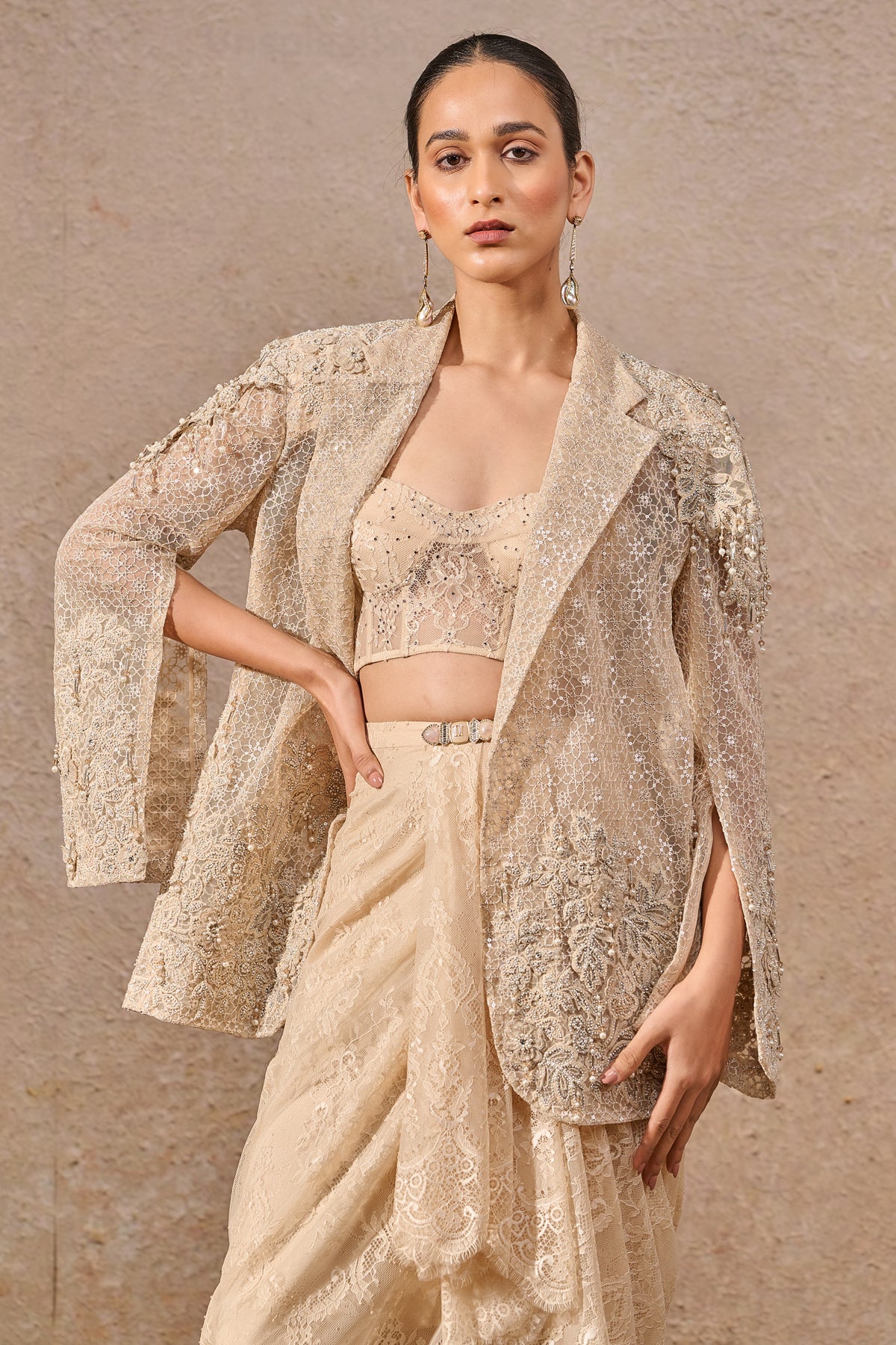 Hand Embroidered Sheer Jacket Co Ord Set