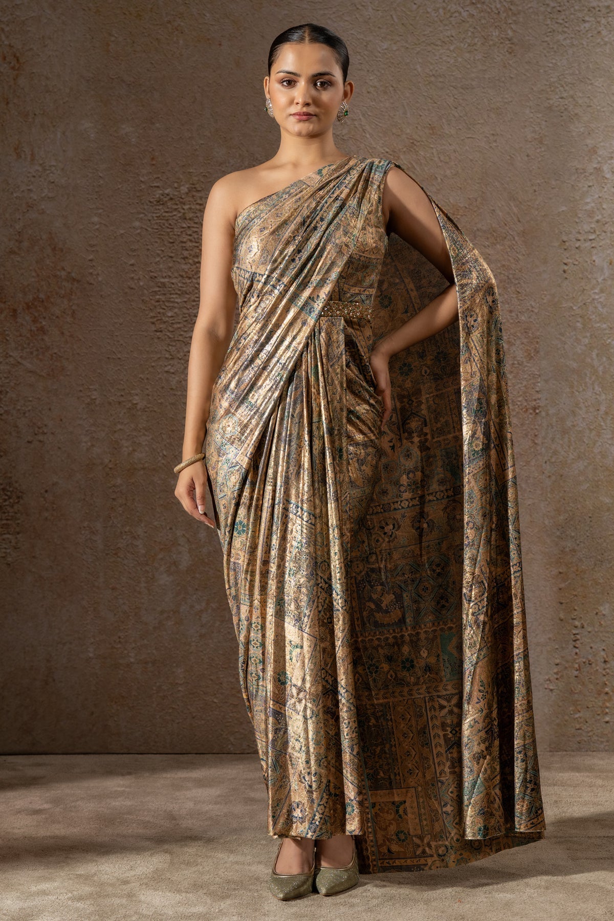 Golden Light Foil Jersey Classic Draped Dress