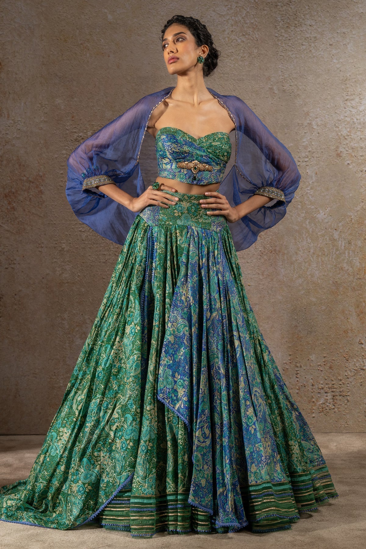 Golden Light Draped Textile Lehenga