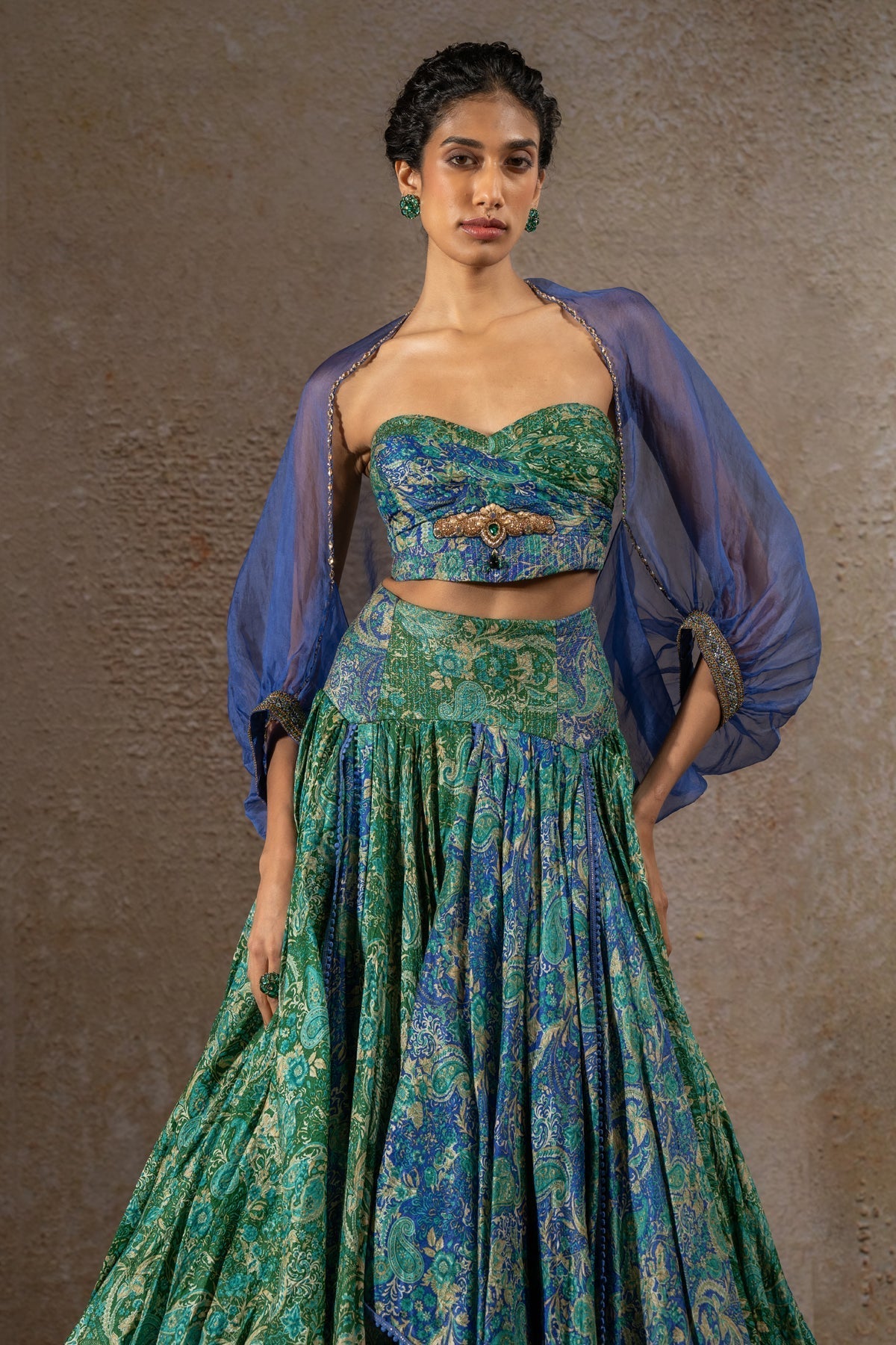 Golden Light Draped Textile Lehenga