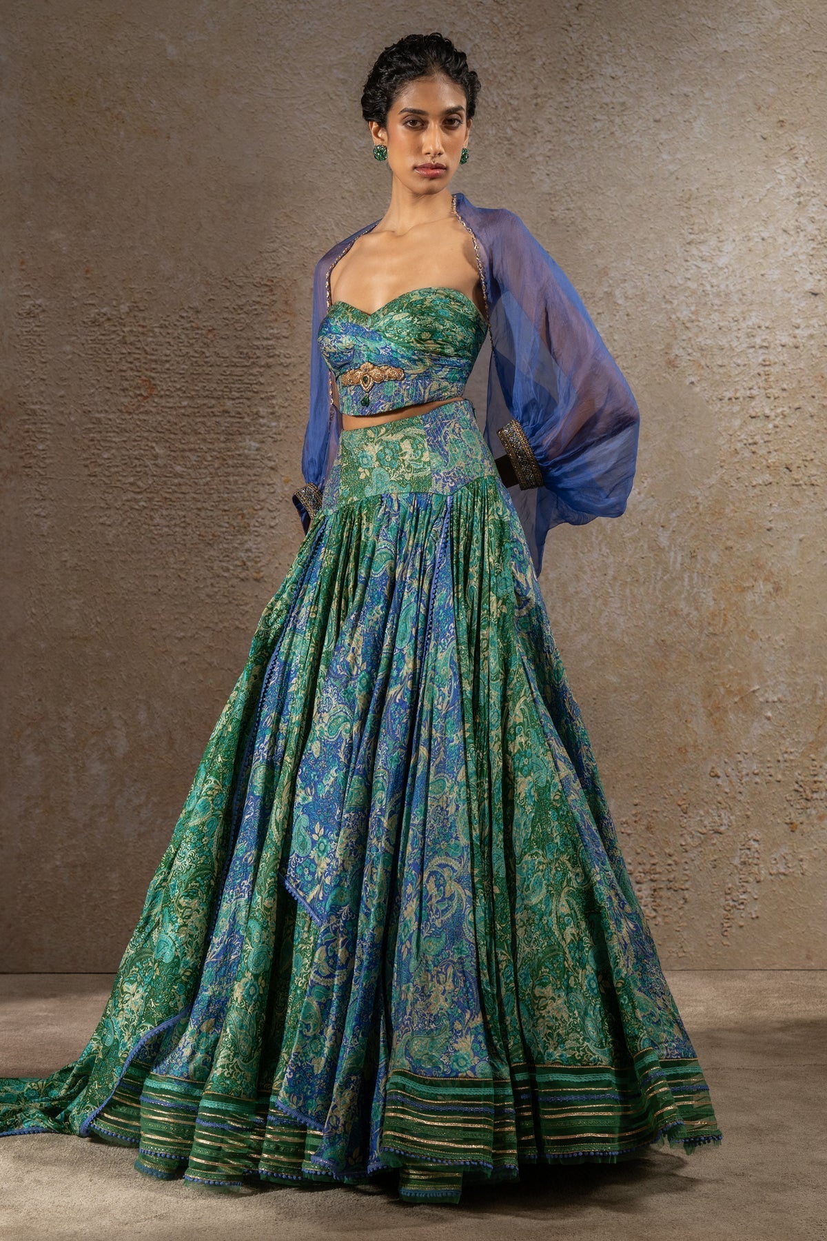 Golden Light Draped Textile Lehenga