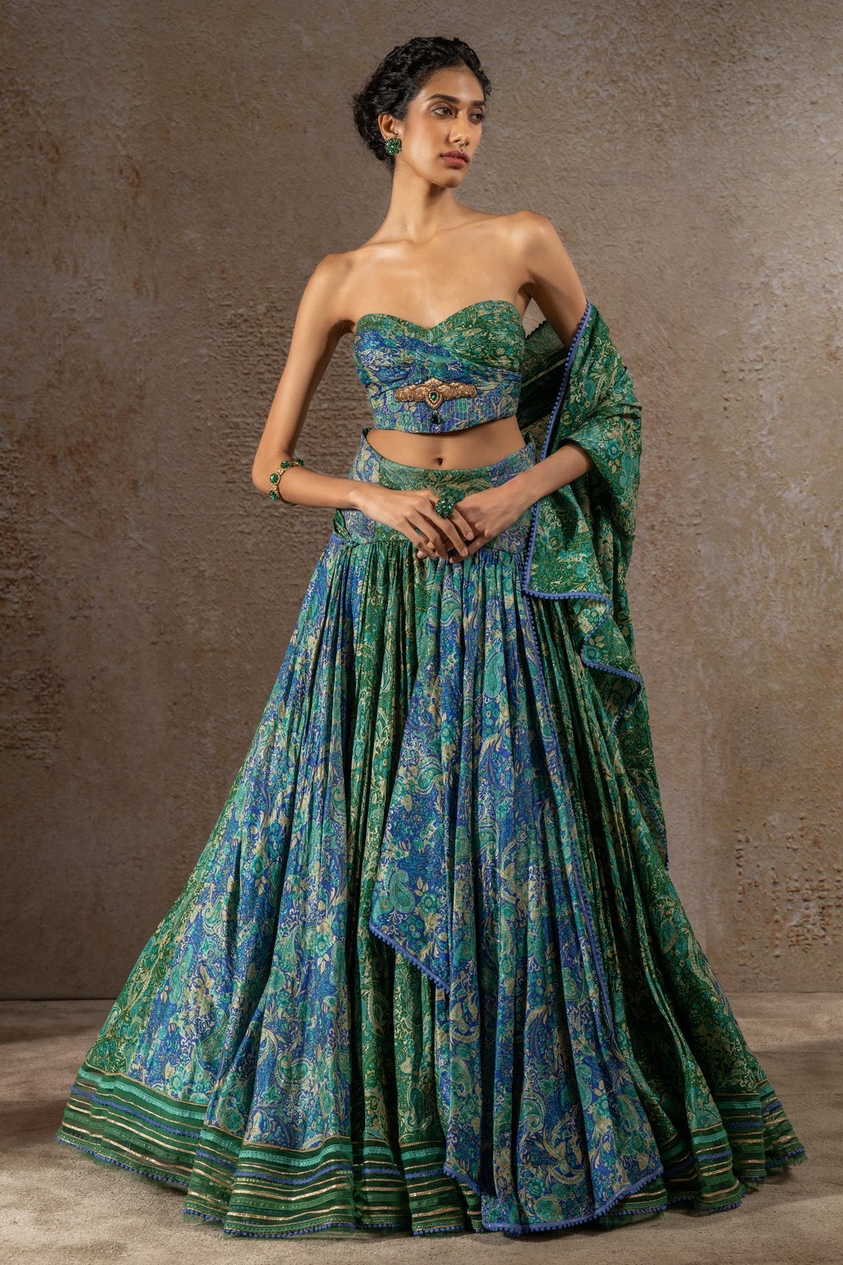 Golden Light Draped Textile Lehenga