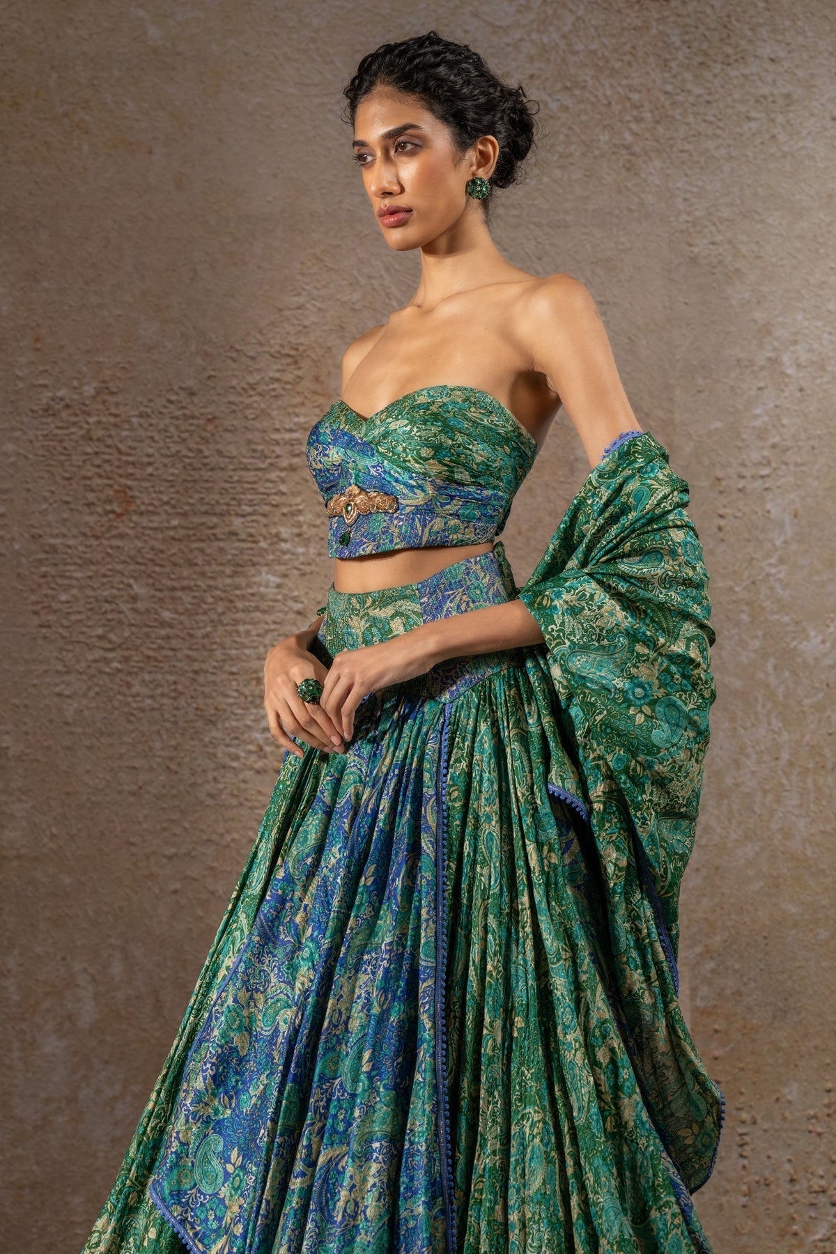 Golden Light Draped Textile Lehenga