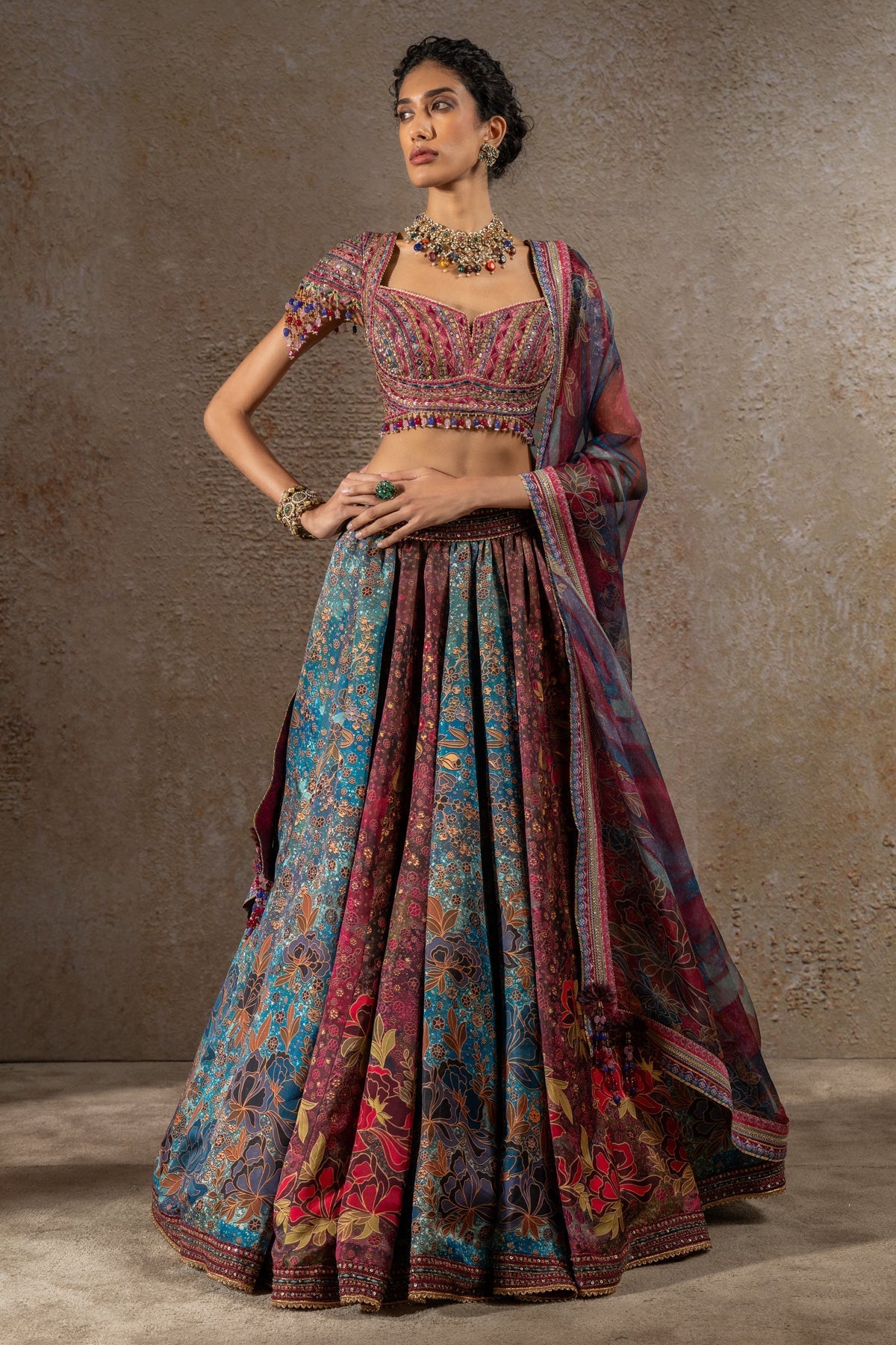 Golden Light Floral Printed Lehenga with Dupatta
