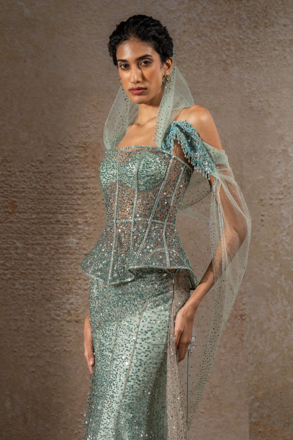 Crystal & Sequin Embroidered Lehenga Saree