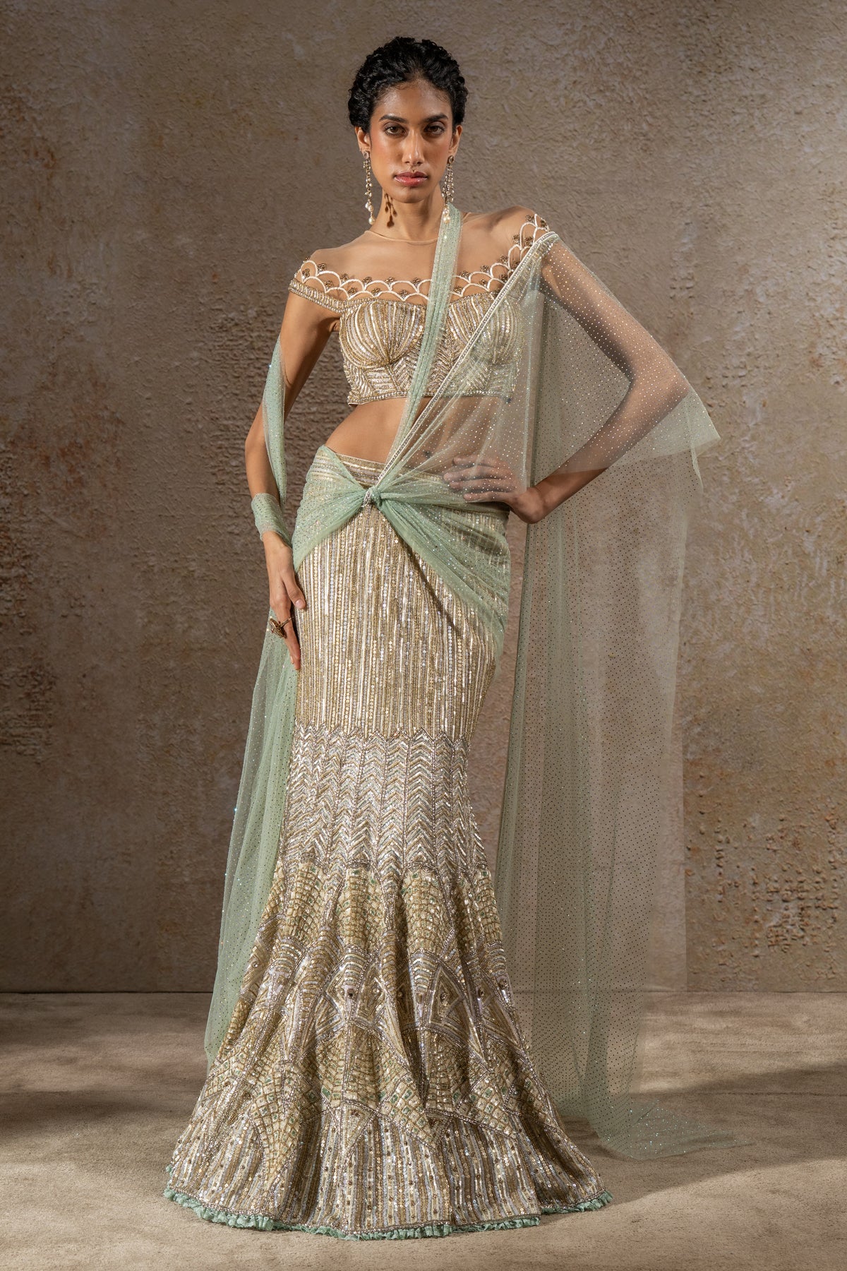 Hand Embroidered Sequin Fishtail Skirt & Corset Set