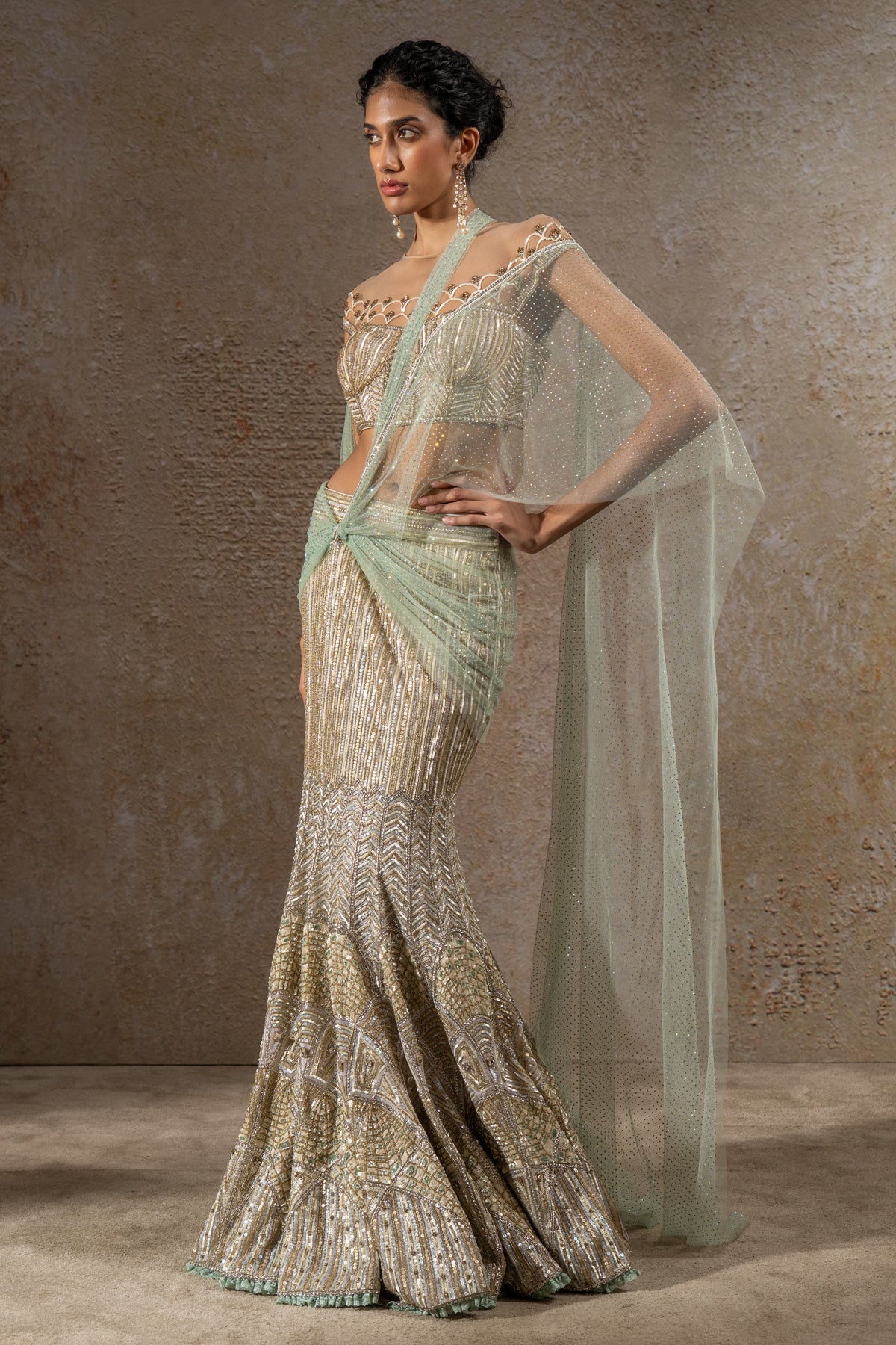 Hand Embroidered Sequin Fishtail Skirt & Corset Set