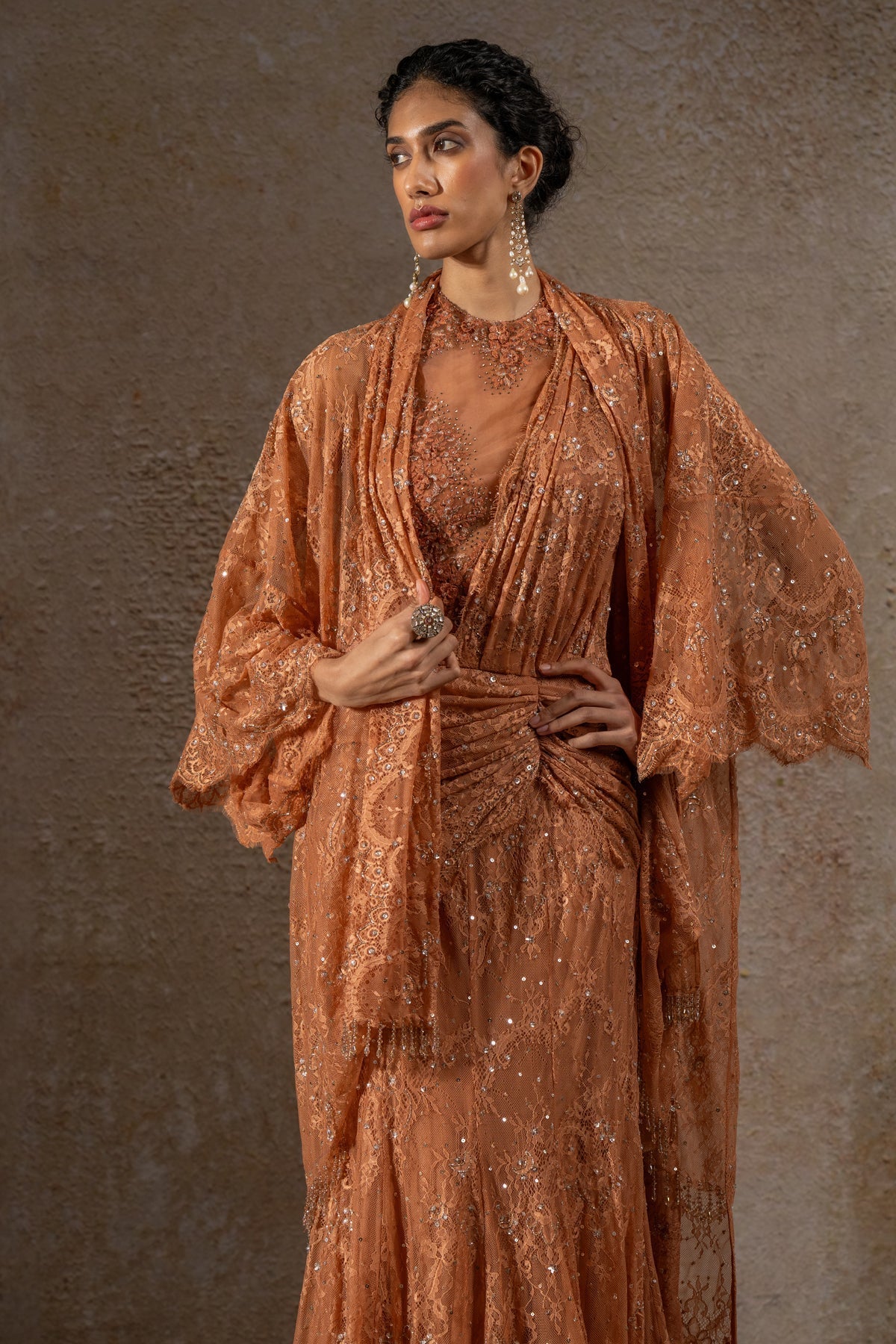 Golden Light Lace Concept Saree with Cape