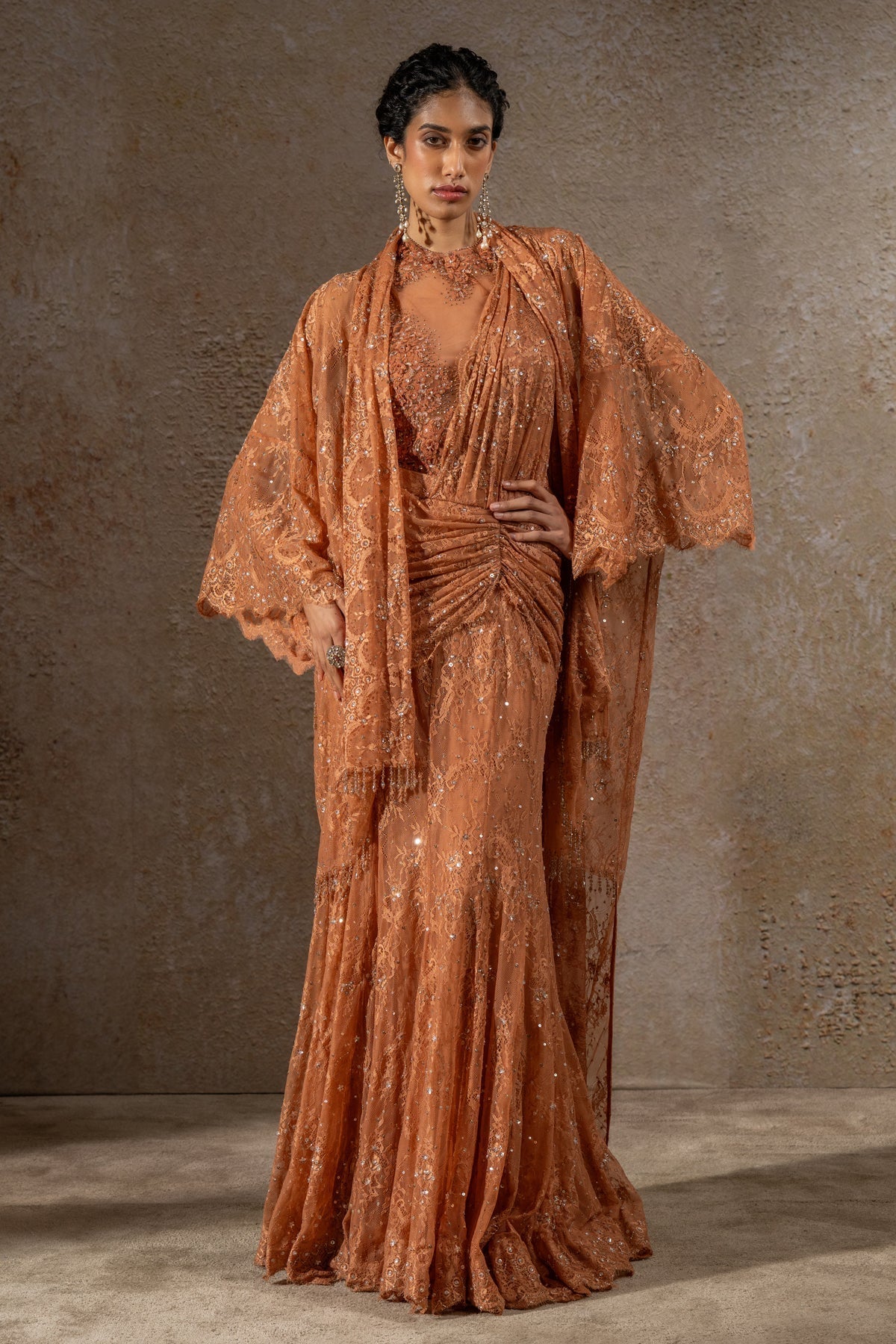 Golden Light Lace Concept Saree with Cape