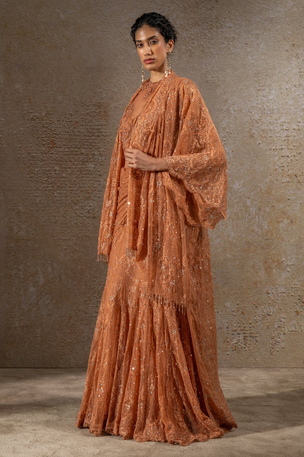 Golden Light Lace Concept Saree with Cape