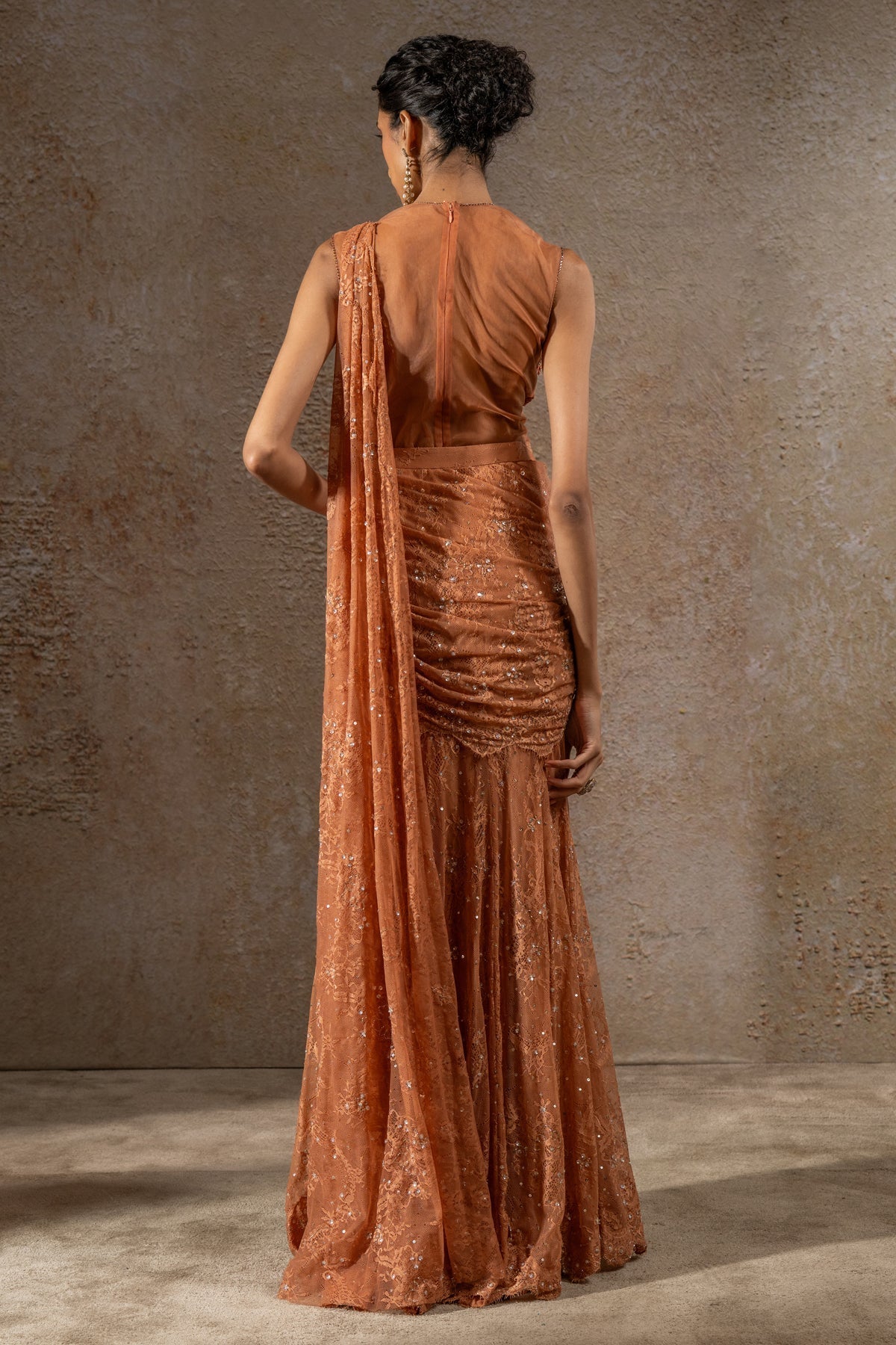Golden Light Lace Concept Saree with Cape