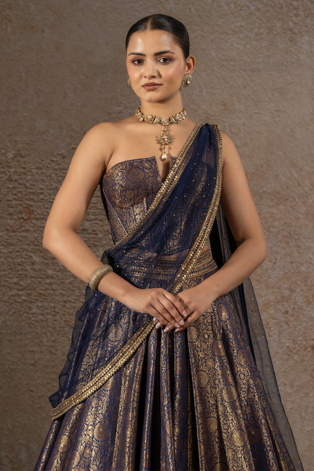 Golden Light Brocade Lehenga & Corset Set