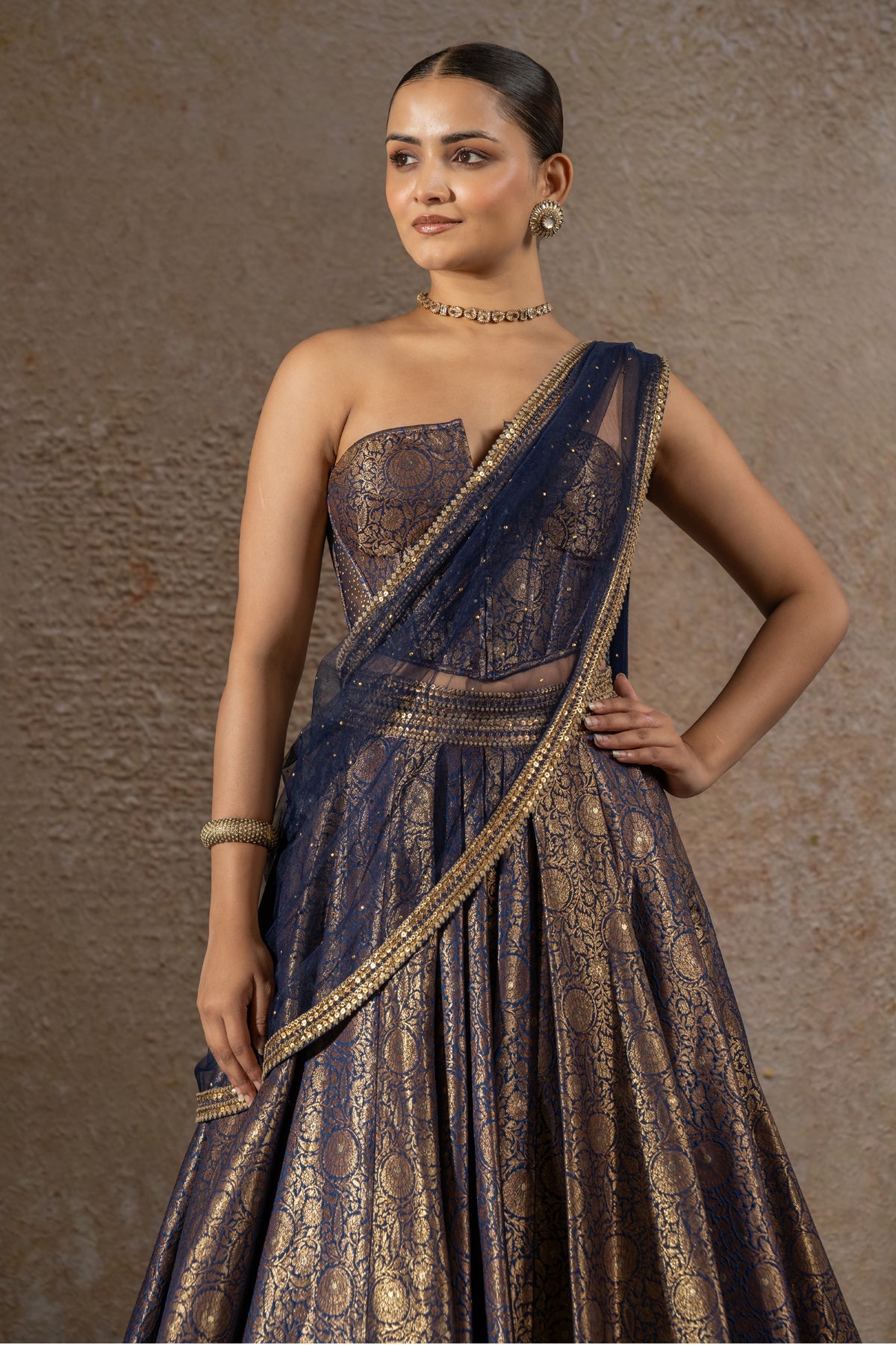 Golden Light Brocade Lehenga & Corset Set