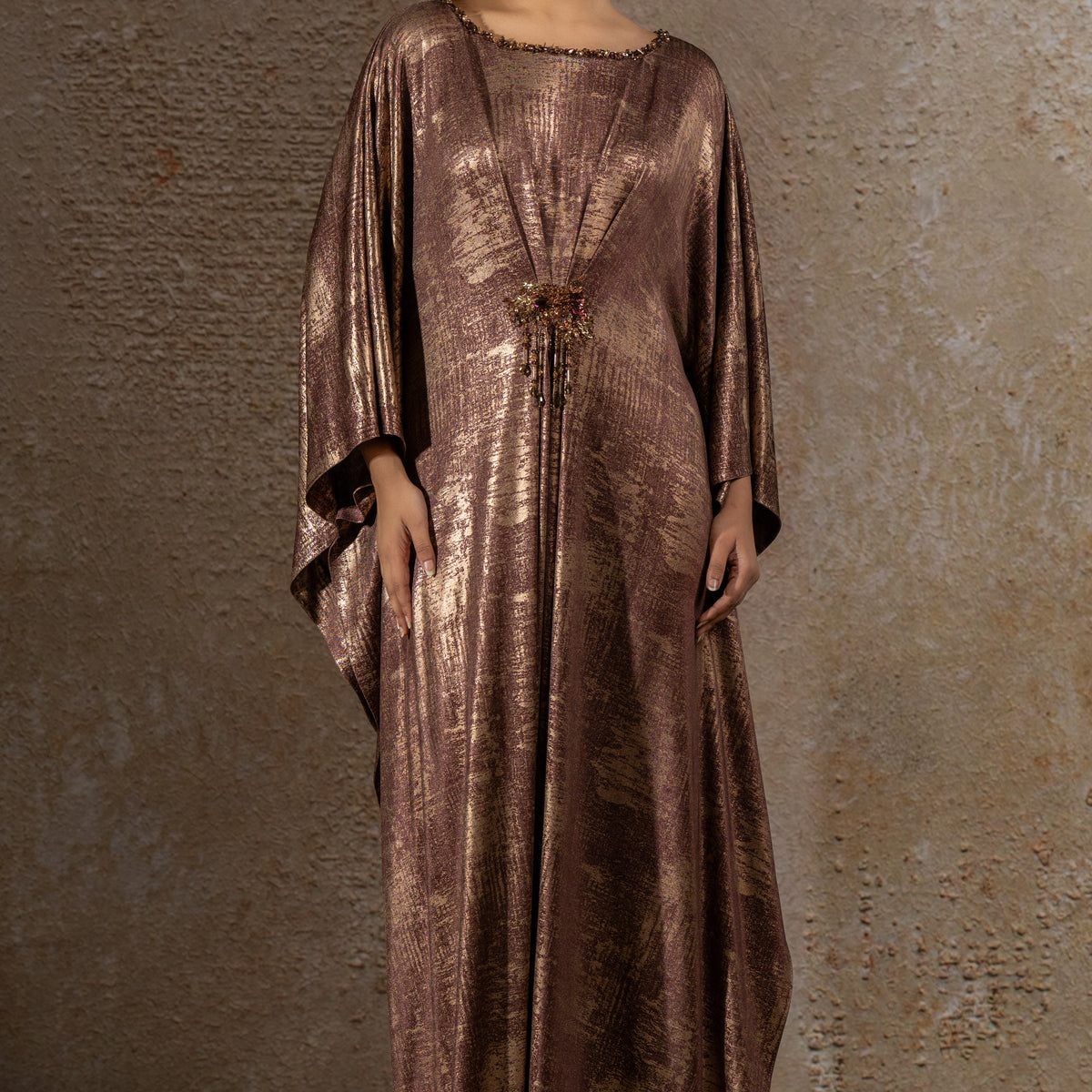Tarun Tahiliani Golden Light Classic Draped Dress with Brooch