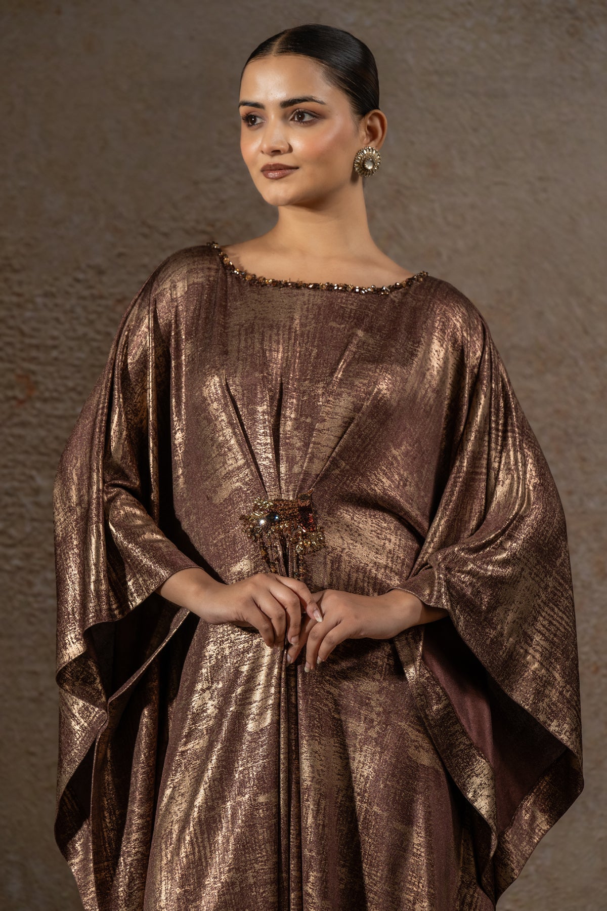 Classic draped dress with brooch